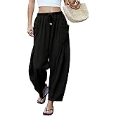 LOMON Womens Wide Leg Linen Pants Casual Drawstring Palazzo Harem Pants Summer Loose Beach Travel Vacation Pants with Pockets