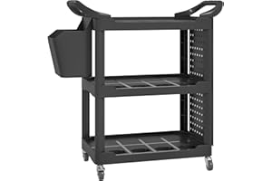 HOMCOM 3 Tier Utility Cart on Wheels, Rolling Tool Storage with Pegboards and Bucket, 200 LBS Load Capacity Plastic Service Cart for Garage, Warehouse, Workshop, Black