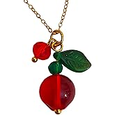 Abgaryan ART Pomegranate Pendant Necklace with Green Leaves, Gold Chain, Handmade Hypoallergenic Non-Tarnish