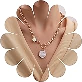 Erimberate Bohemian Disc Coin Choker Necklace Round Pearl Shell Pendant Necklace Gold Mother of Pearl Necklace Coin Paperclip Link Chain Necklace Jewelry for Women Gifts
