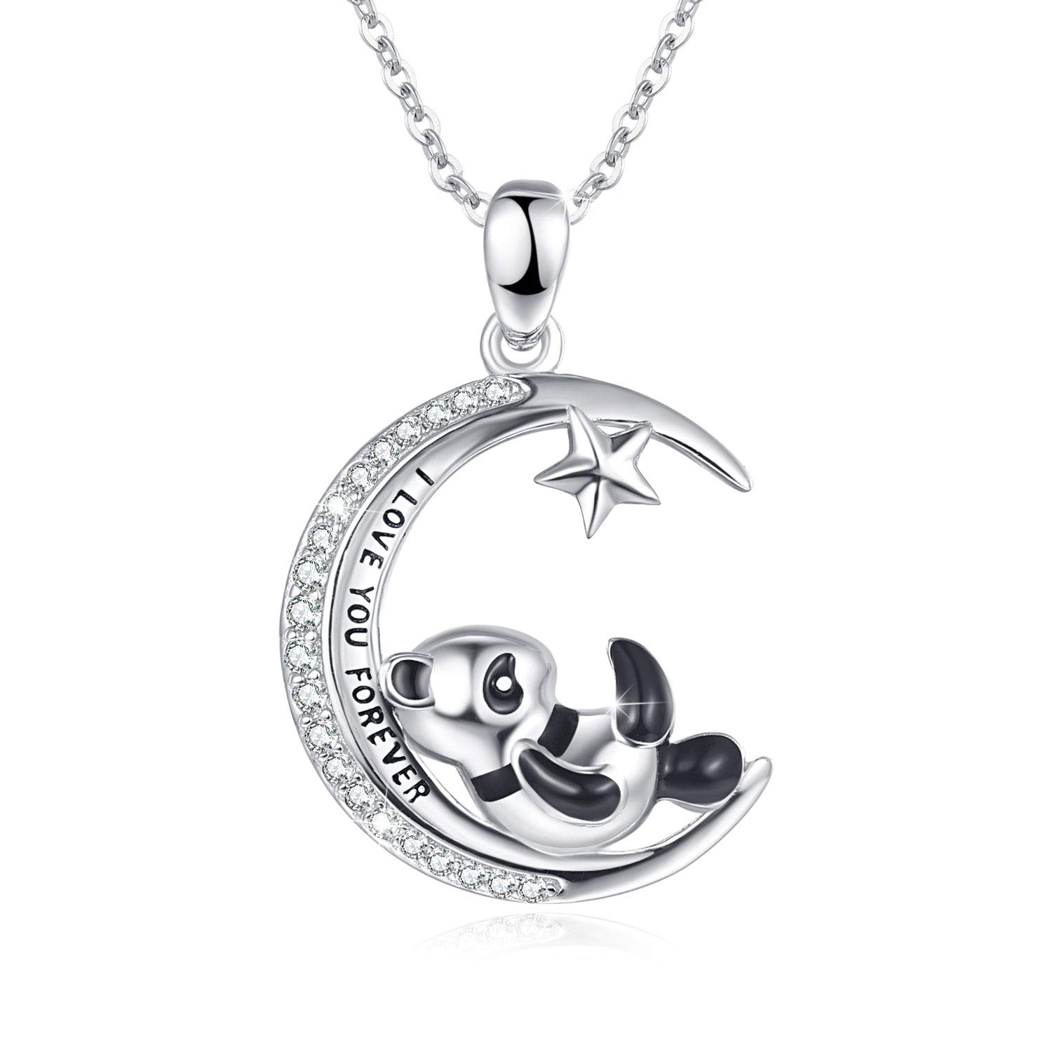 KINGWHYTE Panda Necklace 925 Sterling Silver Cute Animal Moon Pendant Panda Jewellery Birthday Gifts for Women