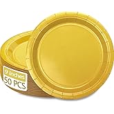 PTECDROTS 50Pcs Yellow Paper Plates - 9” Dark Yellow Plates Bulk Dinner Plates Disposable Round Sun Plates for Daily Use Holiday Picnic Celebrations Yellow Party Decorations