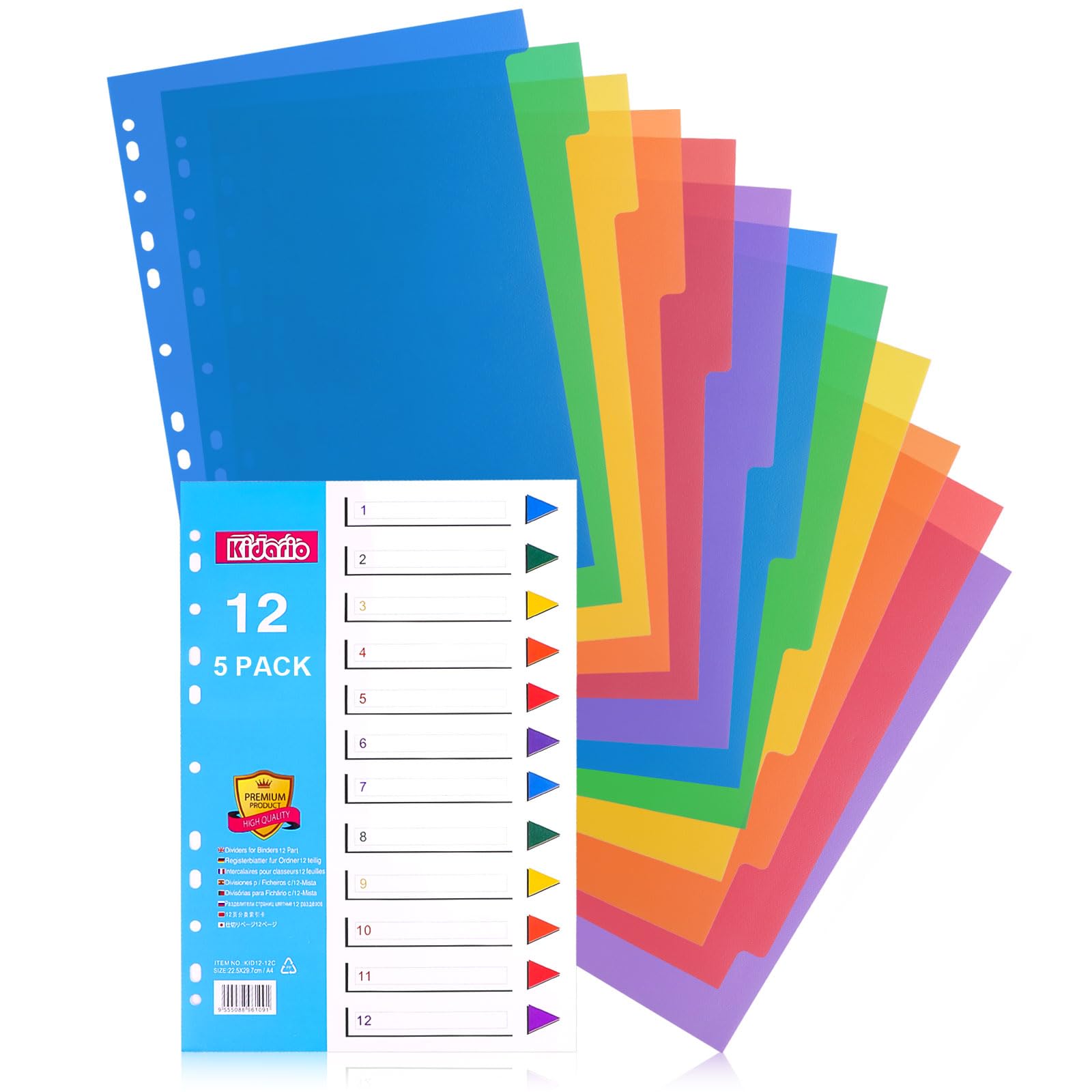 A4 File Dividers, 12 Part Wide Subject Dividers, 5 Pack Card Folder Dividers Multi Hole Punched in Assorted Colours for Lever Arch Files Multipurpose Porous Index Dividers