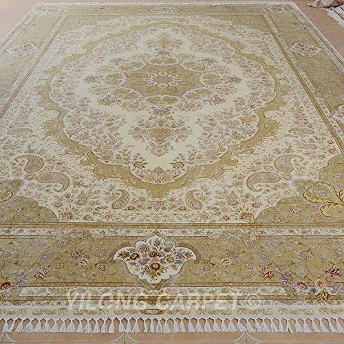Yilong 14.3'x20.3' Oversize Handmade Silk Carpet Antique Oriental Traditional Floral Medallion Handmade Home Rugs (Cream) YL0878
