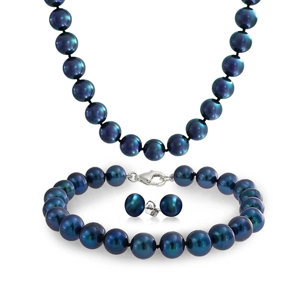 Iridescent Peacock Blue Black Hand Knotted Freshwater Cultured Pearl Strand Necklace 18" Bracelet 7.5"Ball Earrings 7mm 3PCS Jewelry Set For Women