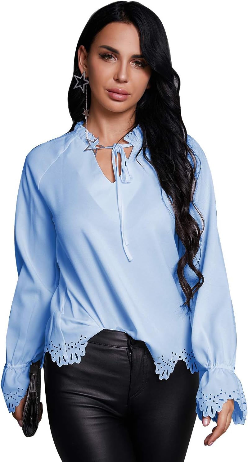 Glamaker Women's Elegant Chiffon Ruffle Bow Tie Neck Blouse Long Sleeve Button Down V Neck Shirt Tops