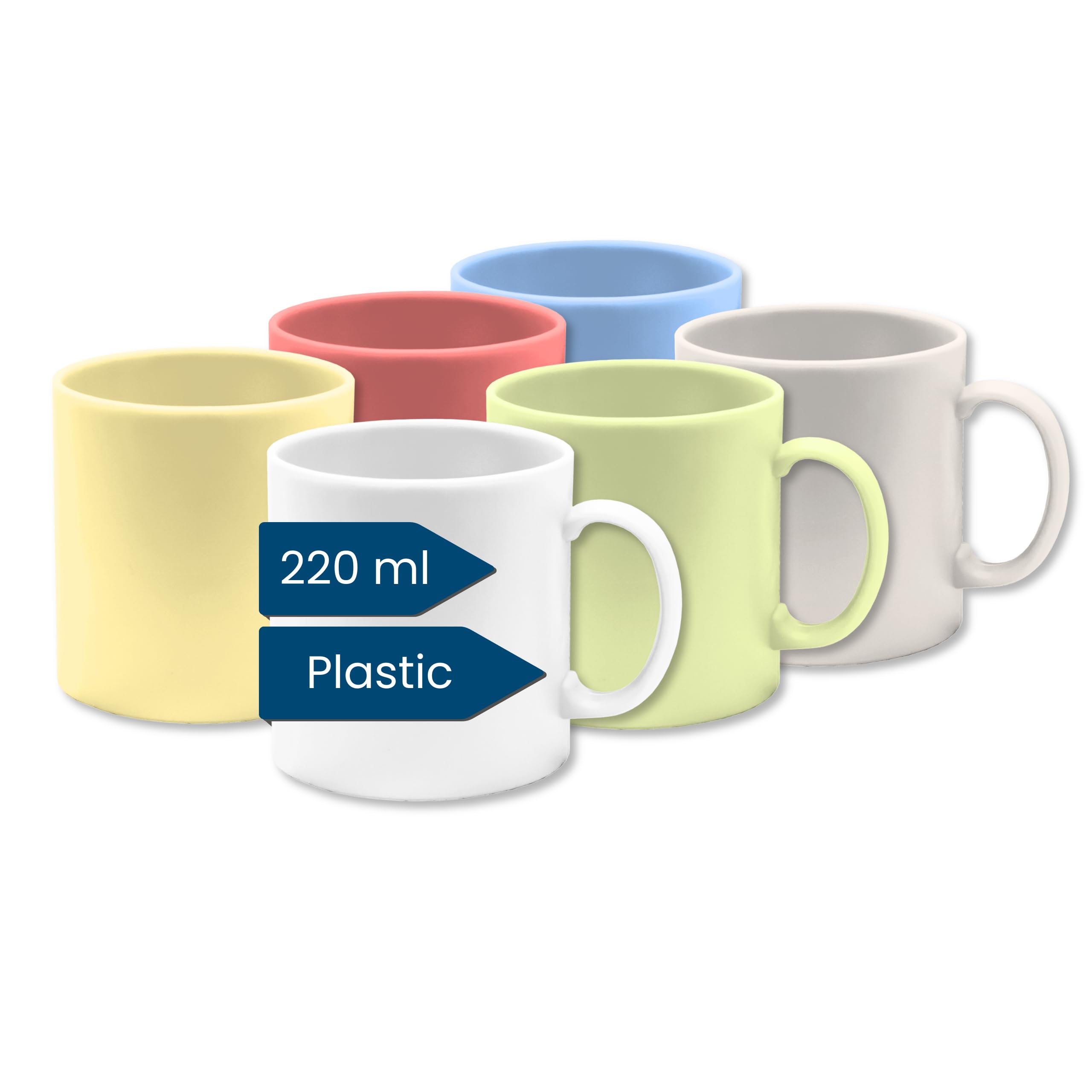 Plastic Coffee Cups (Set of 6, Small, Colourful, 220 ml) - Plastic Cups with Handle for Camping - Drinking Cups Children and Seniors (Reusable - BPA Free - Dishwasher Safe - for Microwave)