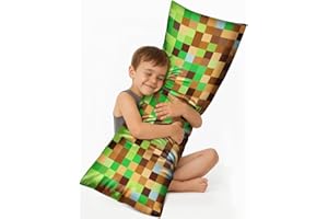 Miss Adola Kids Body Pillow Cover with Zipper - 20x54 Inch Long Silk Pillowcase for Kids Boys Girls Teens Soft Decorative Bed Large Cute Cartoon Body Pillow Sham for Hair and Skin, Green Brown Check