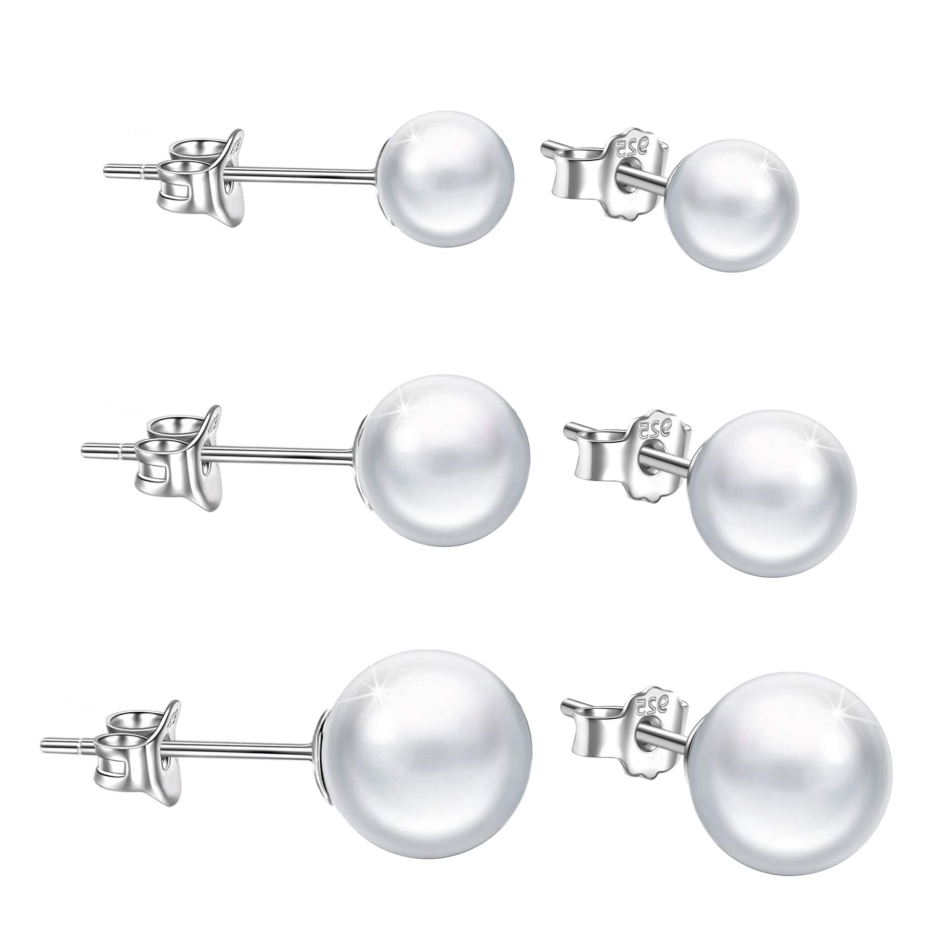 Pearl Earring Set Women 925 Sterling Silver Simulated Pearl Ball Stud Earrings 4mm 6mm 8mm