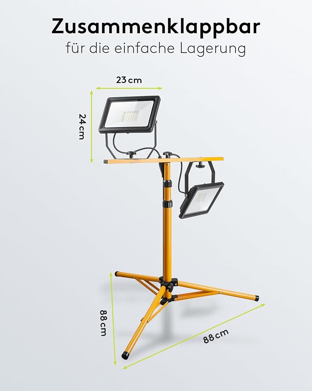 2 x 50W Baustrahler LED mit Stativ einstellbar und 2,5m Kabel für Baustelle, Werkstatt oder Keller - IP65 Baulampe LED für Innen- & Außenbereich - Strahler 2x8500 Lumen kaltweißes Licht 6500K
