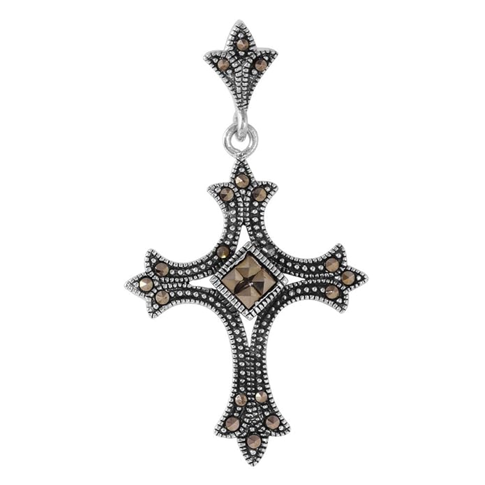Sterling Silver Spiked Cross Shaped Pendant With Black CZ