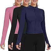 Shyyween 3 Pack Women's Workout Jacket Slim Fit Cropped Jacket Zip up Athletic Tops with Thumb Hole Running Gym Yoga