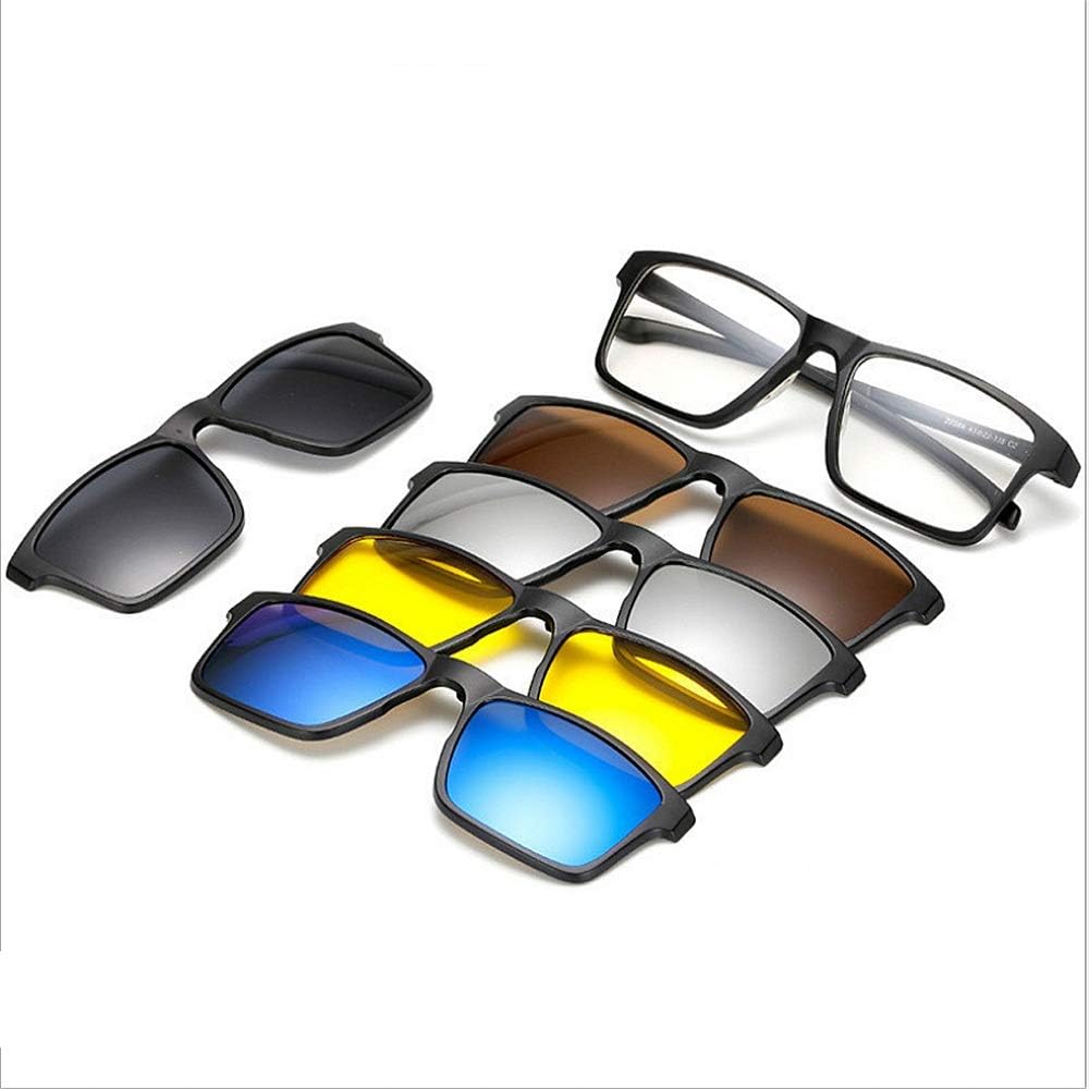 Sunglasses For Driving Running Cycling Square Shape Retro Sunglasses With 5Pcs Interchangeable Lenses For Men Women Unbreakable TR90 Frame Clip-on UV Protection Sunglasses With Magnetic For Mens And W