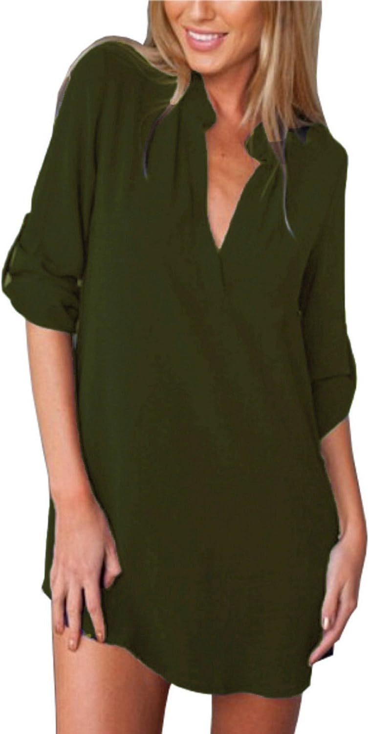 Women's Casual V-Neck Long Sleeve Loose Shirt Blouse Tops