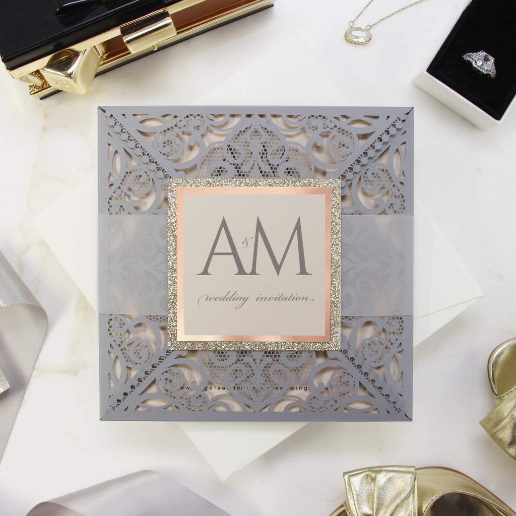50 Cards Pack White Wedding Invitations With Envelopes Elegant Lace 