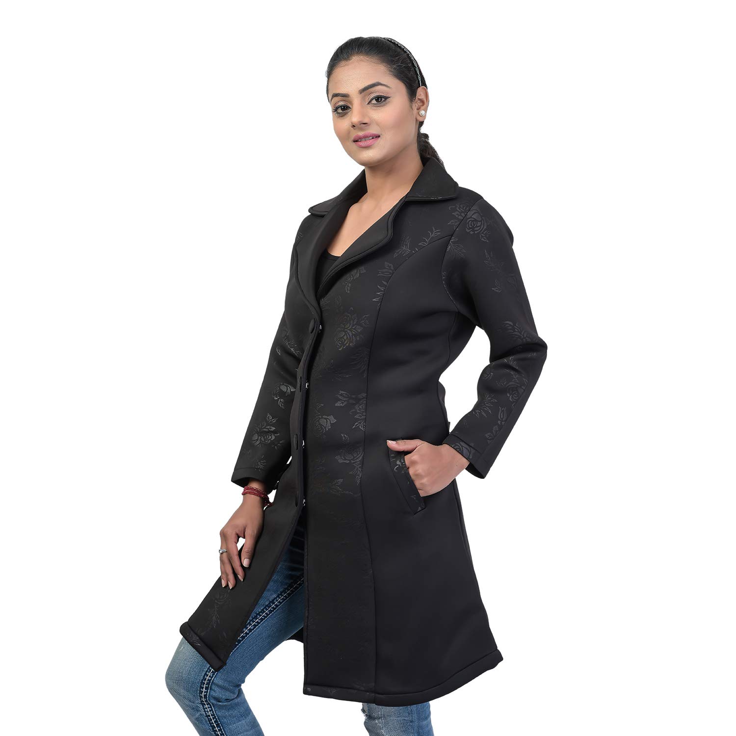 girls studio black scuba fabric self design women coat