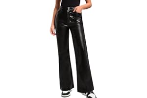 OZICERD Black Faux Leather Pants for Women High Waisted Flare Leggings Straight Wide Leg Pleather Pants with Pockets