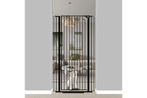 Qonimm 57" Extra Tall Pet Gate for Cats Dogs-29.5"-62.2" Extra Wide Cat Gate for Doorways and Stairs-1.37" Ultra Narrow Spacing Pressure Mounted Dog Gate with One-Handed Operation(29.5"-33.8")