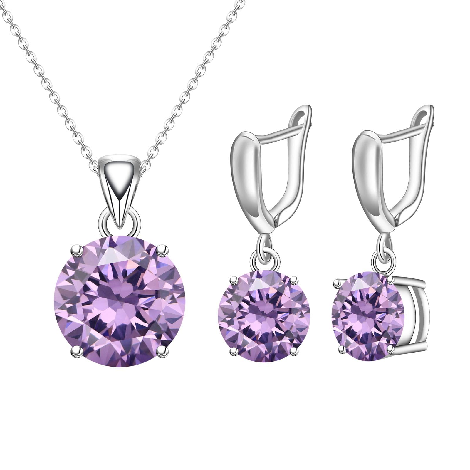 GZWHD Round Cubic Zirconia Necklace and Earrings Set for Women, Daily Party Prom Wedding Jewelry Sets, Valentine's Day/Christmas/Mother's Day/Birthday/Birthstone Gift for Wife/Mother/Friend/Sister/Daughter