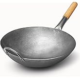 SUNRISE Kitchen Supply 1.8 mm Thickness Heavy Duty Hand Hammered Carbon Steel Wok 14 inch, Round Bottom