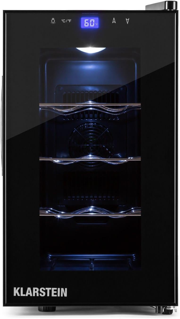 Klarstein Reserva Piccola - Weinkühlschrank, Getränkekühlschrank, 25 Liter, 8 Flaschen, 3 verchromte Regaleinsätze, zuschaltbare Innenraumbeleuchtung, 8 bis 18°C, Bedienung, schwarz