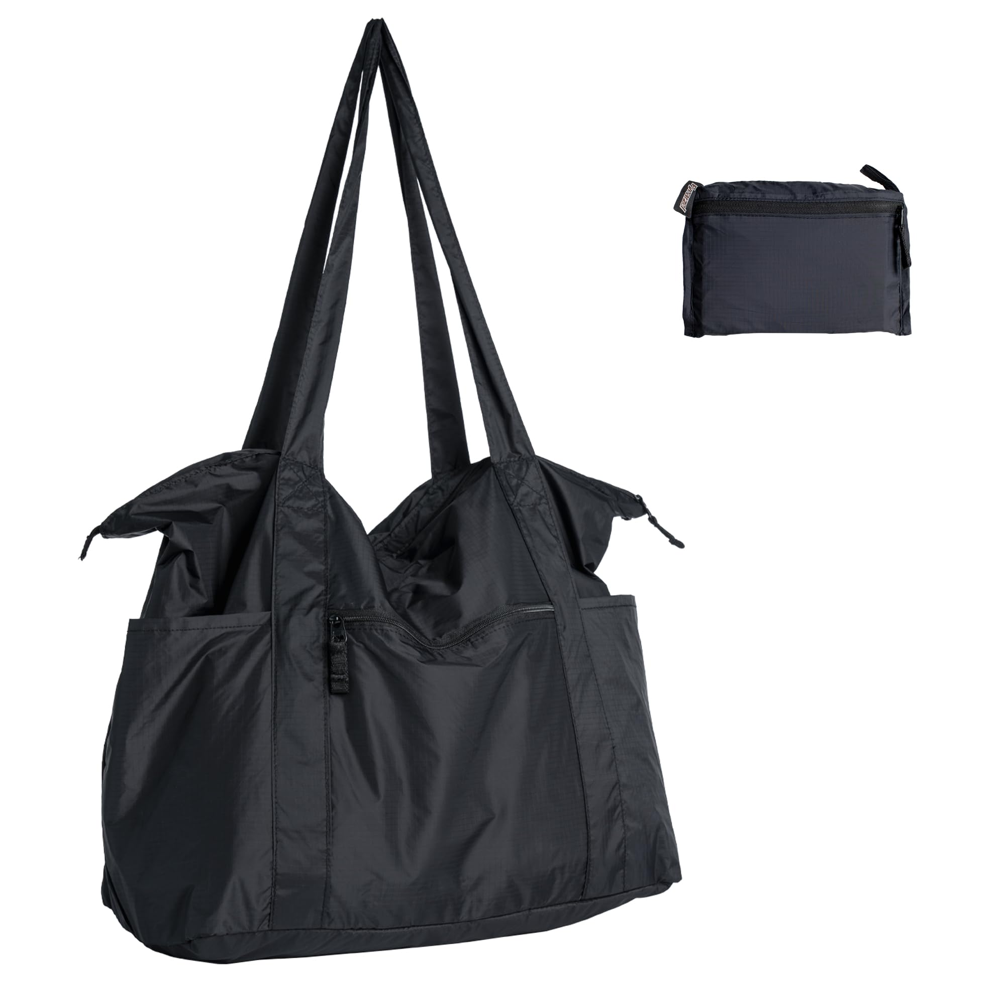 Photo 1 of Fynarzel 0.03mm ultra-thin Foldable Lightweight Tote Bag Nylon for Travel Duffel,Polyester Packable Totes with Zipper, 23-28L Collapsible Compact Large for Women and Men,Black