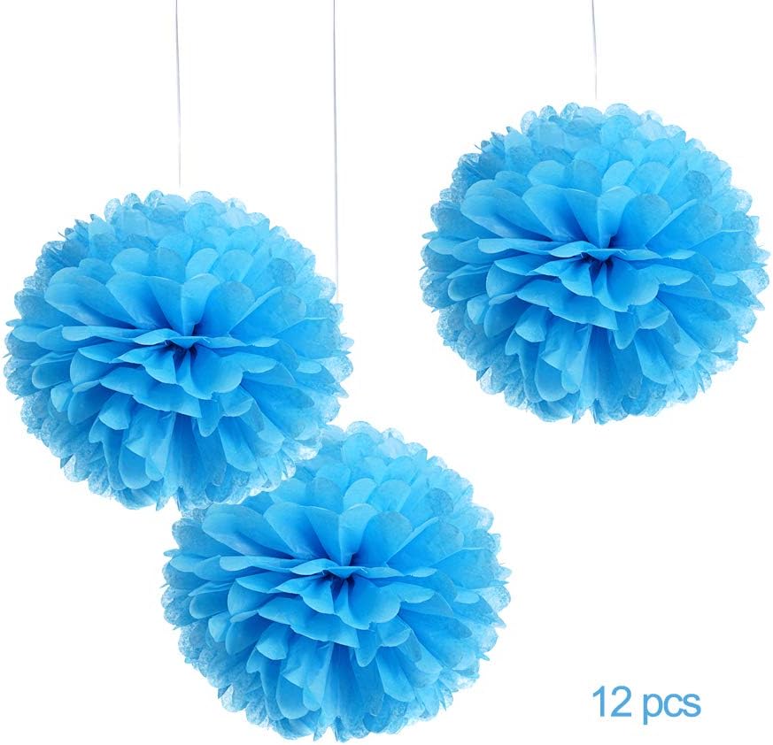 WEVEN 12" Baby Blue Tissue Pom Poms DIY Paper Flower Hanging Party Decorations, Pack of 12