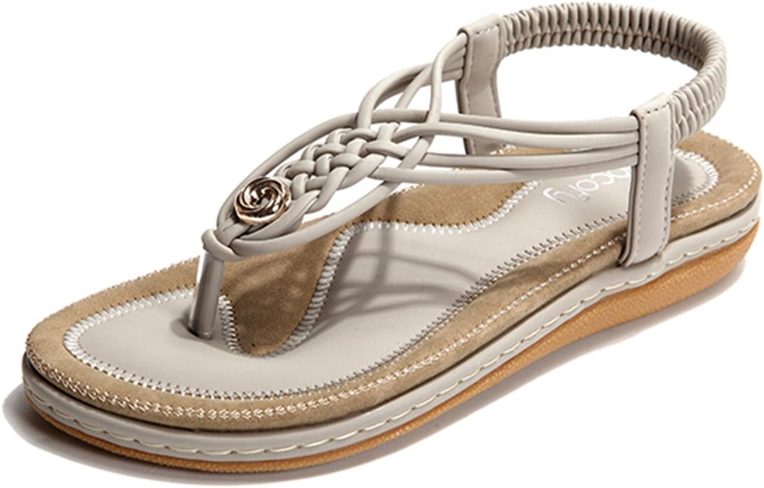 Socofy Summer Sandals for Womens Clip Toe Elastic Flat Sandals Boho Flip Flops Shoes Summer Beach Shoes Slip On Post Thongs Casual Walking Sandals Bohemian Vacation Handmade Knitting Black Navy Blue