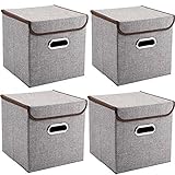 Storage Bins Pack of 4 Mee'life Storage Linen Fabric Foldable Basket Cubes Organizer Boxes Containers Drawers with Lid & Handle For Office Nursery Bedroom Shelf Gray