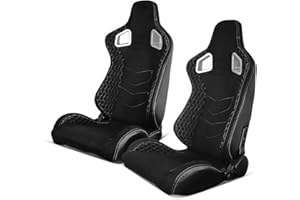 IKON MOTORSPORTS, Universal Racing Seats Pair with Dual Sliders, Suede w/White Stitch Reclinable Left Right