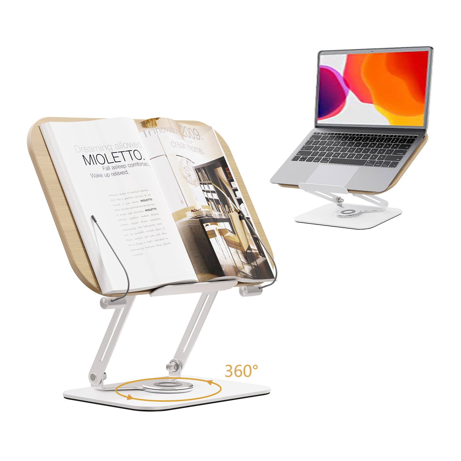 POLESTO Reading Stand, Adjustable Book Stand with 360° Rotating Base, Foldable Cookbook Stand, Practical Rotating Stand for Sheet Music, Heavy Books, Laptop