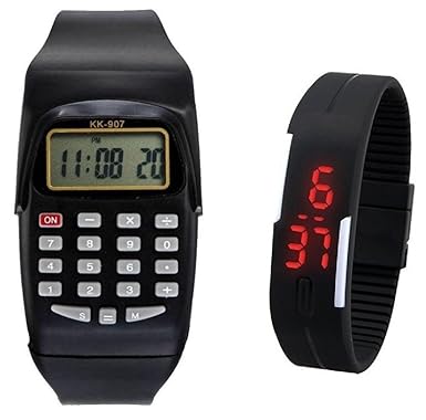 Lemonade Unisex Silicone Jelly Slim Pack of 2 Black LED Calculater & Digital LED Band for Kids, Children