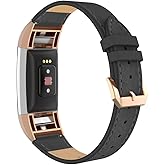 Simpeak Leather Band Compatible with Fitbit Charge 2 Only, Genuine Leather Wristband Strap Replacement for Fitbit Charge2, Bl