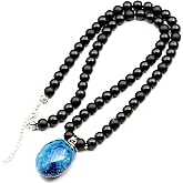 Natural Tumbled Blue Agate Pendant, Genuine Black Onyx Beaded Necklace, Blue Stone Necklace, Gemstone Necklace, 8mm Beads, Unique Fashion Jewelry, Healing Crystal Chakra Necklace, Crystal Pendant