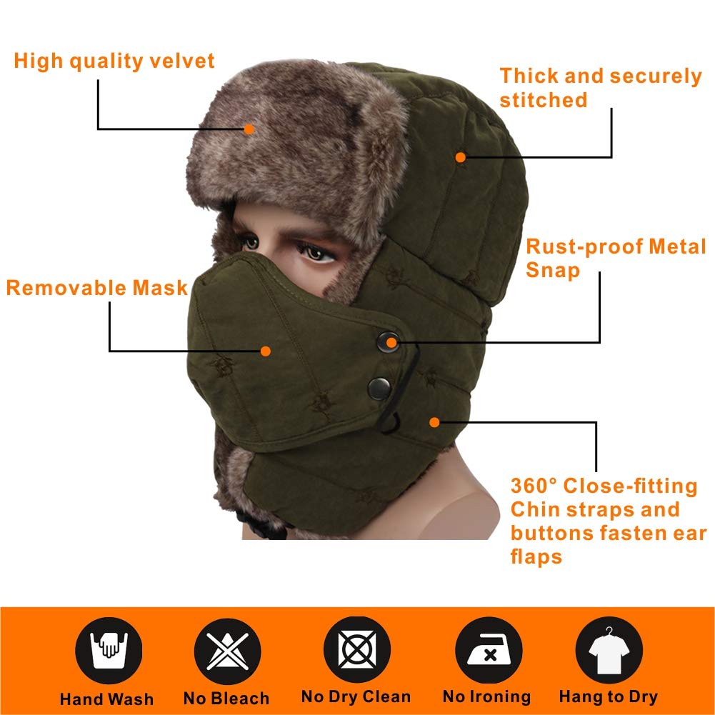 Winter Trapper Hat for Men Women Warm Ushanka Aviator Russian Windproof Hat with Mask,Army Green