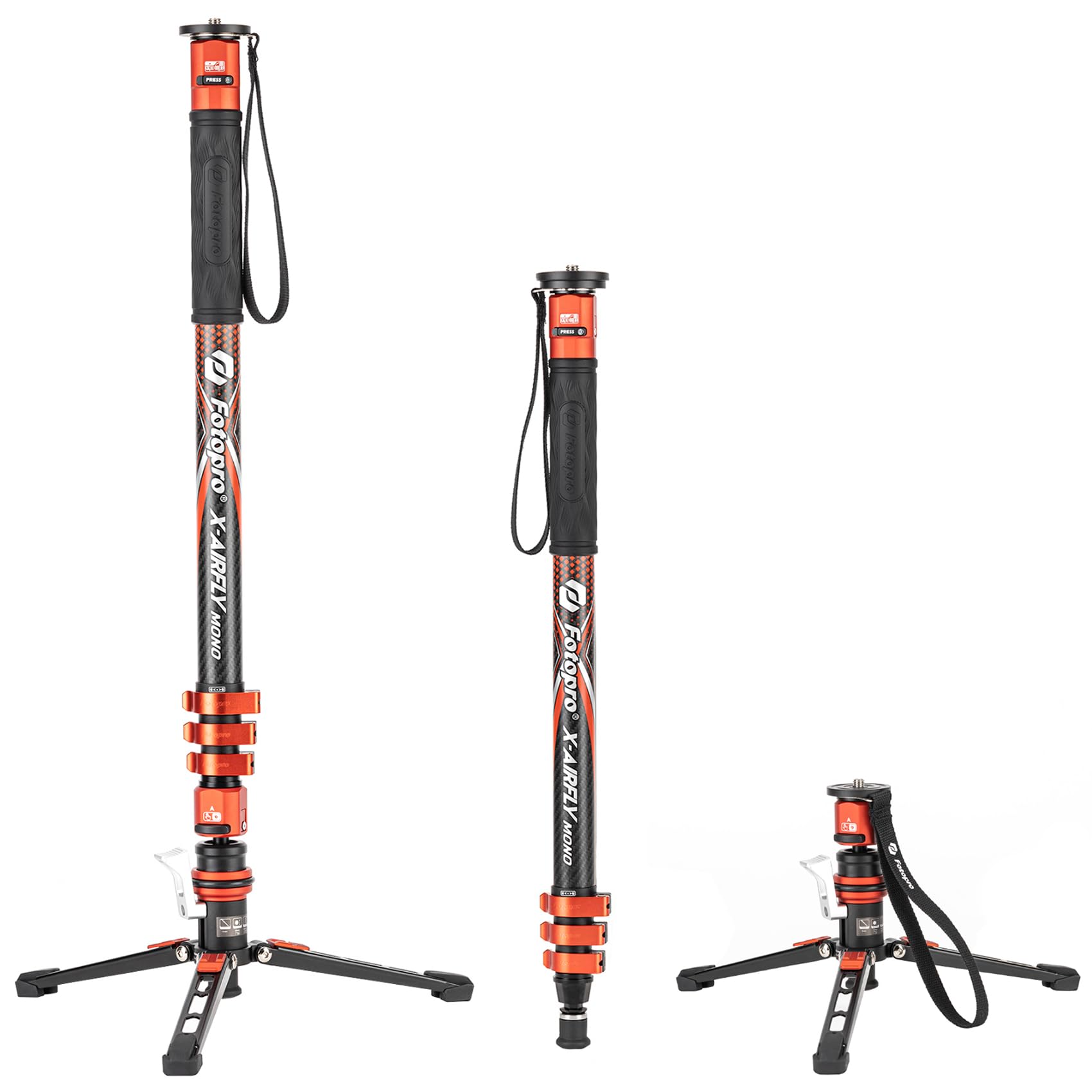 Fotopro 73" Carbon Fiber Monopod with Pedal and Feet - 3-in-1 Professional Travel Stabilizer with 22lbs Load for DSLR Camera Videography Kit - X-Airfly Mono Orange