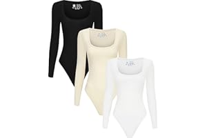 Chongbaijia 3 Piece Women's Square Neck Long Sleeve Bodysuit T shirts Body Suit Tops