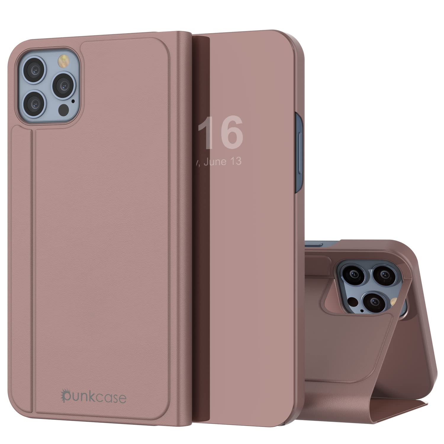 Punkcase for iPhone 13 Pro Max Reflector Case Protective Flip Cover W/Scratch Resistant Semi-Translucent Mirror Front & Non-Slip PU Leather Back for iPhone 13 Pro Max (6.7") (2021) (Rose Gold)