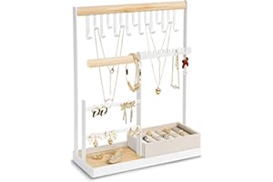 MISS SHARK Jewelry Organizer Include Velvet Ring Case, 4 Tier Jewelry Holder Organizer with 16 Holes for Earring Organizer, Jewelry Stand with 15 Hooks Necklace Organizer and Bracelet Holder, White