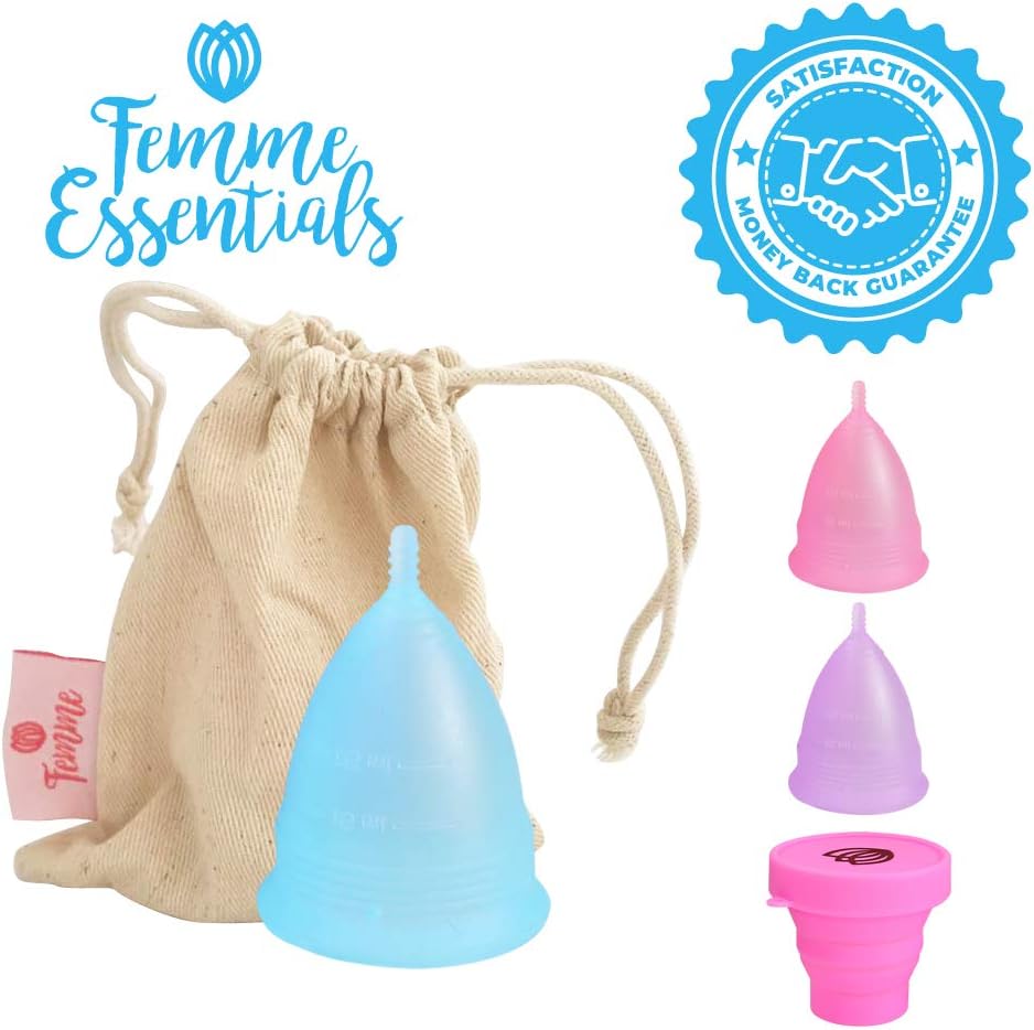 Femme Essentials Menstrual Cup | Reusable Cup | Environmentally Friendly Tampon Replacement! 100% Medical Grade Silicone. Size: Small - Free Cotton Pouch – Colour: Blue
