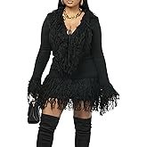 SHINFY 2 Piece Skirt Sets for Women Tassel Fringe Ribbed Knit Sweaters and Mini Skirt Fall Winter Sweater Sets