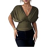 Milumia Women's Short Sleeve Ruched Mesh T Shirt Sexy V Neck Tie Back Cinched Waist Tops