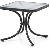 HAPPYGRILL Outdoor Side Table Square Patio End Table with Tempered Glass Top, 20" Bistro Table with Heavy-Duty Metal Frame, Indoor Small Compact Coffee Table for Garden Backyard Poolside
