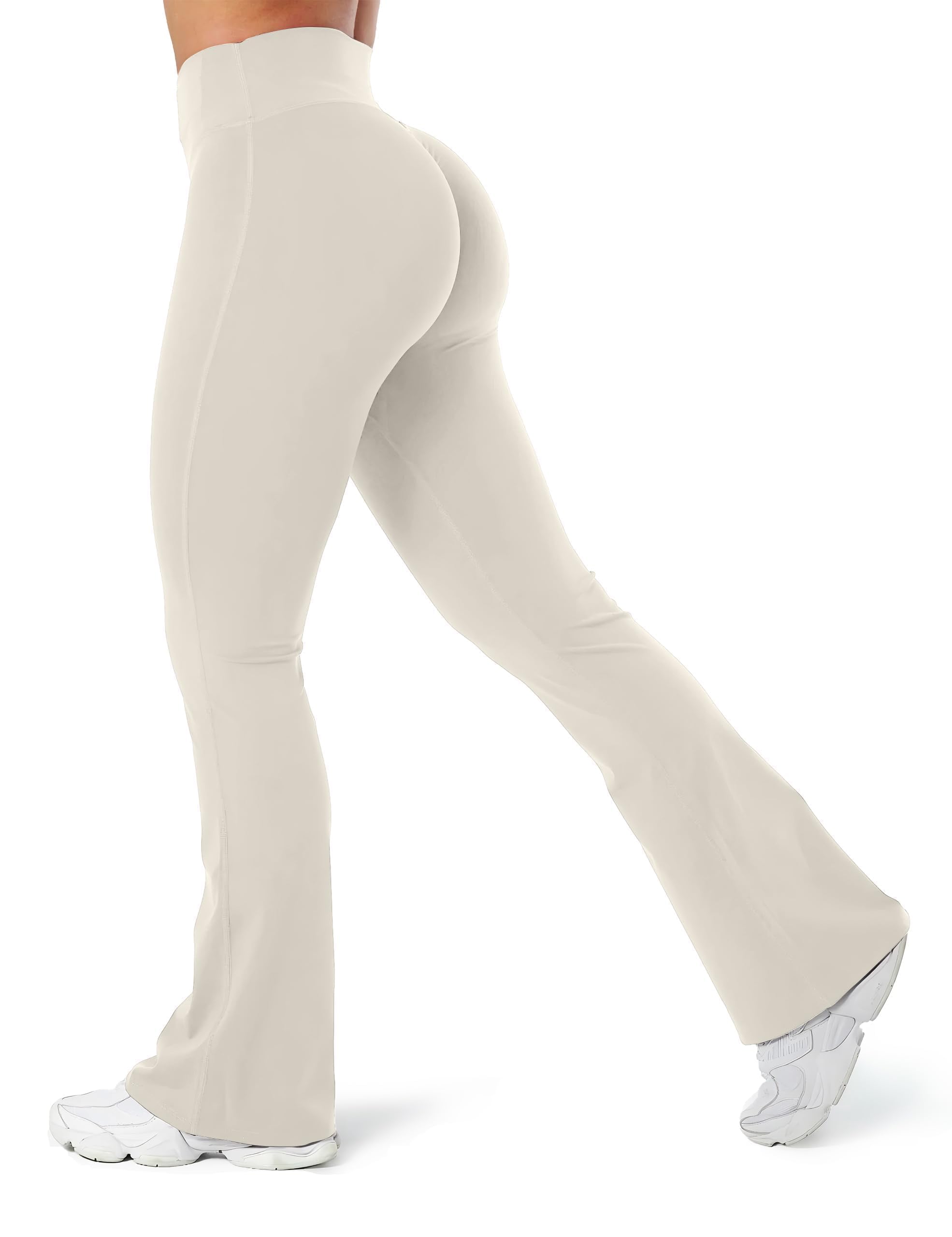 Photo 1 of Sogetdo Women's Flared Yoga Leggings 31‘’ Wide Leg No Front Seam Tummy Control Butt Lifting Buttery Workout Yoga Pants S926-Moon White-M