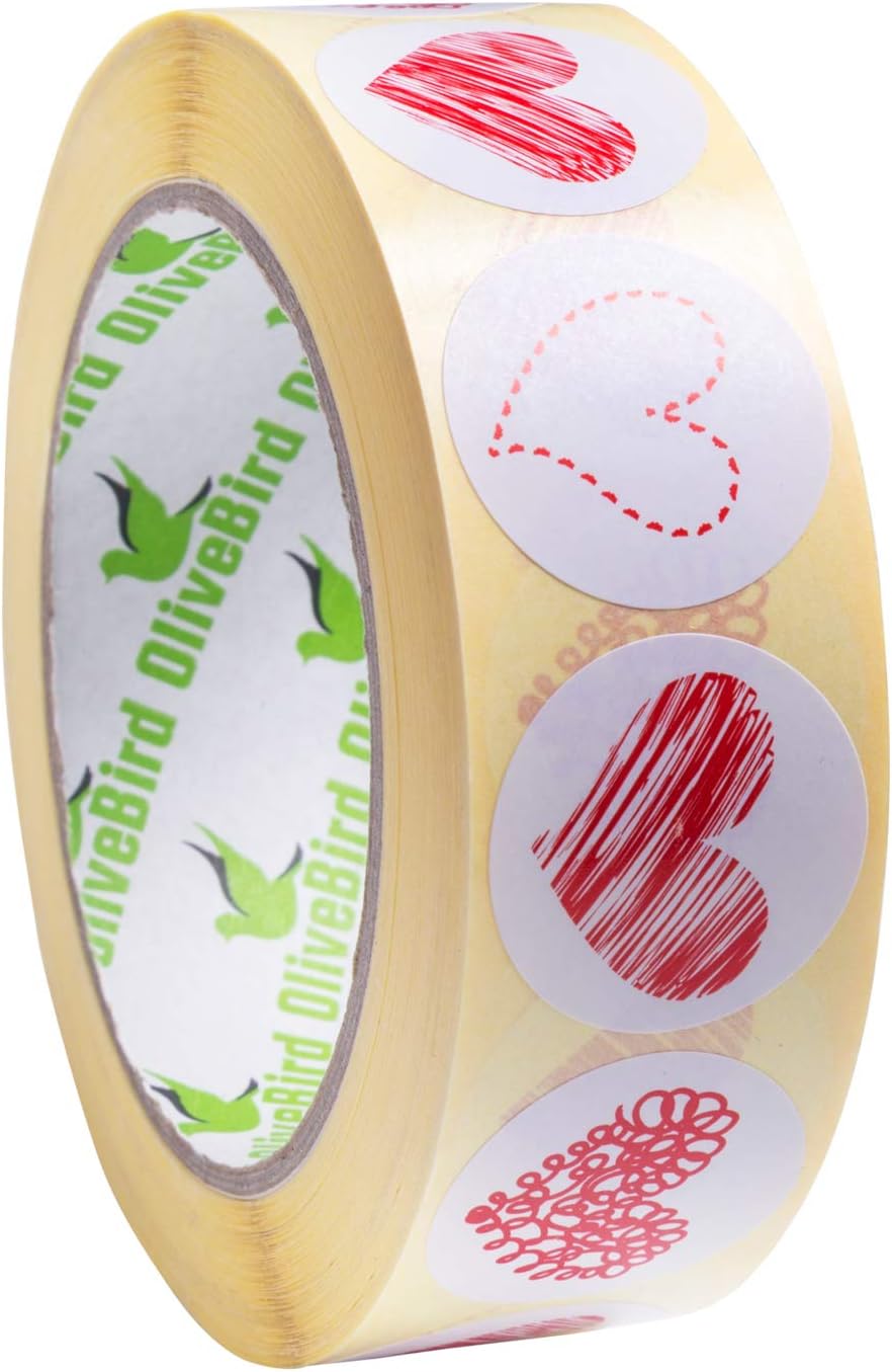 OliveBird1000 Red Heart Stickers for Envelopes 4 Designs in 1 Roll - 250 Red Heart Label Designs from Each Style for Envelope Seal (Style 1)