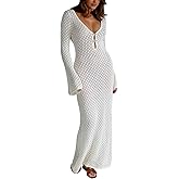 Leoparts Crochet Swimsuit Cover Up for Women Sexy V Neck Hollow Out Backless Maxi Dress Beach Bikini Coverup Dresses
