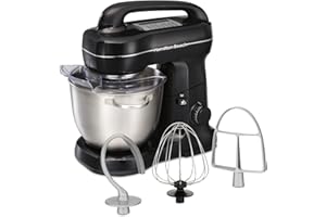 Hamilton Beach Electric Stand Mixer, 4 Quarts, Dough Hook, Flat Beater Attachments, Splash Guard 7 Speeds with Whisk, Black w