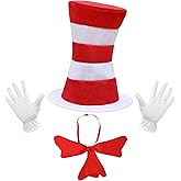 WASIRL Top Hat Cat Costume Kit Accessory for Adults Red and White Striped Stovepipe Hat Gloves Bow Tie for Halloween Props