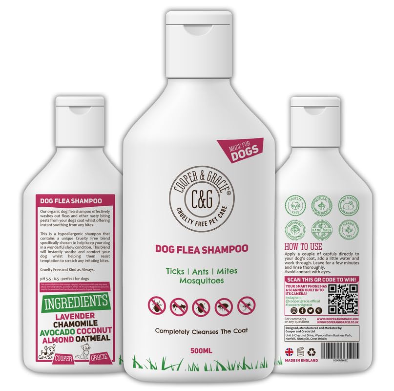 Dog Flea & Tick Shampoo for Itchy Skin 500ml - Medicated Flea & Tick Cleanser for Sensitive and Smelly Dogs - Antibacterial & Anti-Fungal Grooming Product