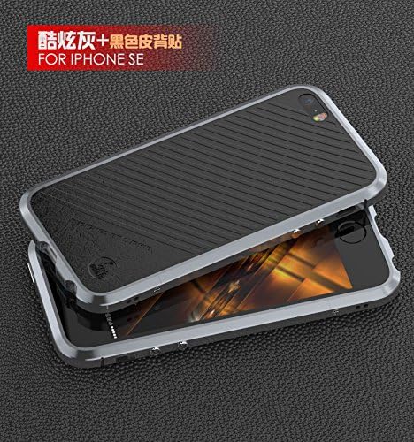 Iphone SE Case, Lwang CNC Aviation Aluminum Alloy Metal Bumper Frame with PU Leather Back Stickers Case for Iphone SE (Bumper Grey)